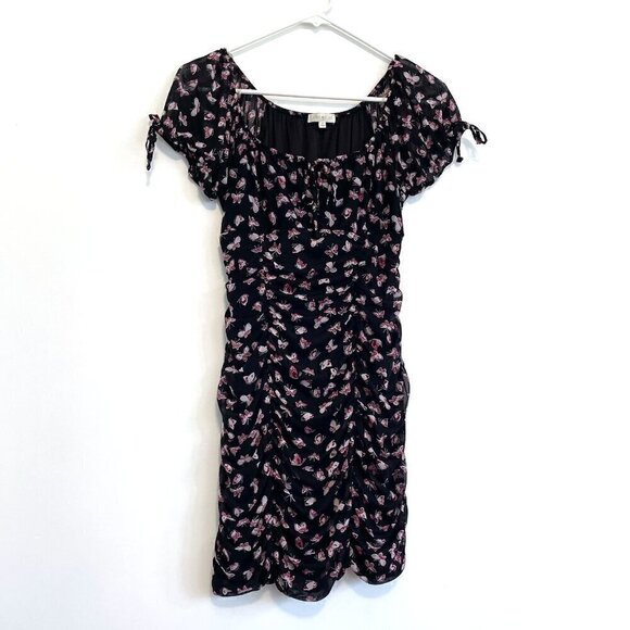 ULTRA FLIRT Black Burgundy Butterfly Print Mesh Tie Neck Y2K Ruched Mini Dress M - Picture 2 of 15